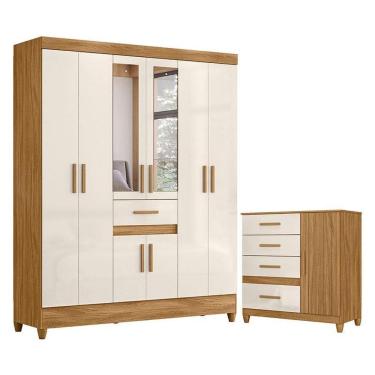 Imagem de Guarda Roupa Casal Portugal com Espelho e Cômoda Vênus com pés Freijó Off White – Moval