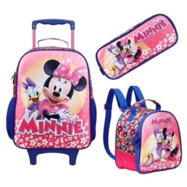 Imagem de Kit Mochila com carrinho e alça nas costas escolar + Lancheira + Estojo Minnie mouse-Feminino