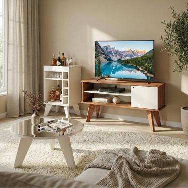 Imagem de Kit Sala de Estar Frank Rack TV 50" 120CM MDF com Nicho e Mini Bar Off White Dkadidecor