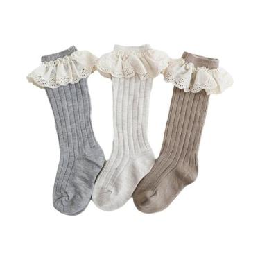 Imagem de Meias De Renda Até O Joelho Para Meninas, 3 Pares, Tecido Macio Para C