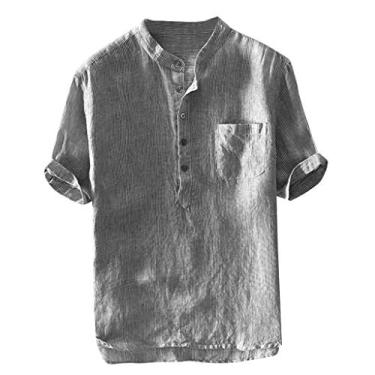 Imagem de Camisetas masculinas com bolso de algodão, folgada, de linho, manga curta, listrada, com botões, blusa masculina, Cinza, Large