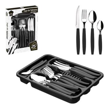 Imagem de Jogo Talheres Faqueiro 24 Peças Cabo Preto Com Porta Talher