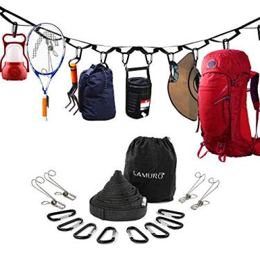 Imagem de Alça de armazenamento de acampamento com 19 laços separados para pendurar equipamentos de acampamento, equipamentos e suprimentos | Inclui ganchos e pinos de roupas | Organizador de acampamento durável com capacidade para até 68 kg
