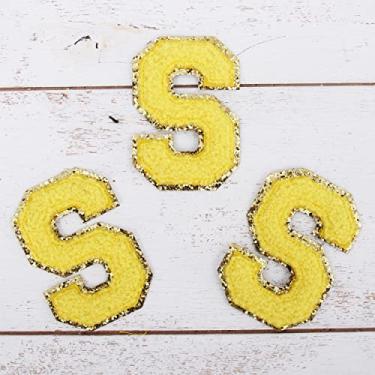 Imagem de Pacote com 3 adesivos de chenille ferro sobre purpurina, letras "S" - Tecido de chenille amarelo com acabamento em glitter dourado - Costurar ou passar - 5,5 cm de altura