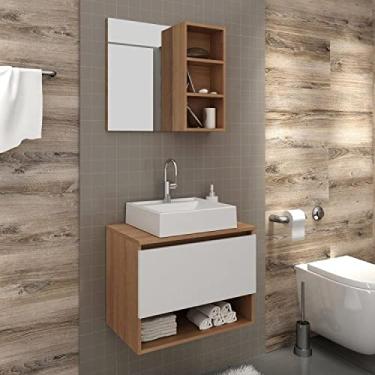 Imagem de Conjunto para Banheiro com 2 Peças 1 Gabinete 2 Gavetas e 1 Espelheira com 1 Prateleira Tecno Mobili Amêndoa/branco