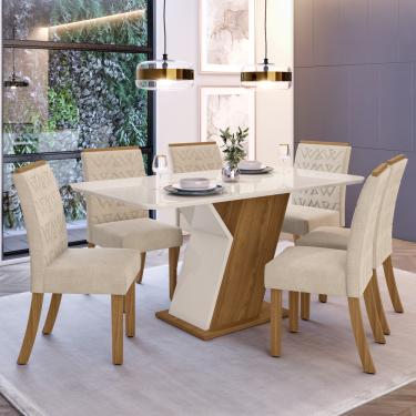 Imagem de Conjunto Sala de Jantar Tampo MDF com Vidro Canto Arredondado 160 Cm 06 Cadeiras Juanita  Casa 812 - Nature com Off White e Linho
