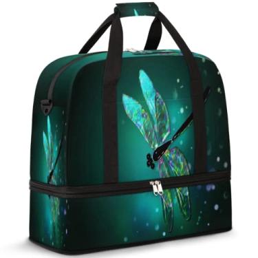 Imagem de Bolsa esportiva de viagem dobrável, bolsa de ginástica esportiva leve com compartimento de sapatos bolsa de fim de semana para mulheres e homens, Libélul, One Size