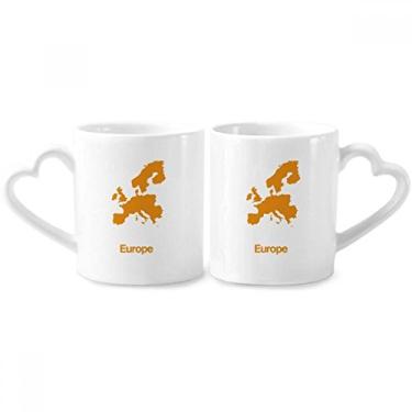 Imagem de Conjunto de canecas de porcelana para casais, estampa de mapa de ilustração europeia amarela com alça de coração