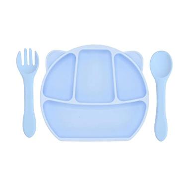 Imagem de burko Placas de sucção de silicone para bebês com alimentação automática Placa de sucção para bebês com colher e garfo de silicone BPA Free Design dividido para lava-louças e micro-ondas