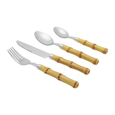 Imagem de LYOR Faqueiro de Aço Inox com Cabo de Plástico Bambu Amarelo 24 Peças - Jogos de Talheres - Mesa Posta - Utensílios de Cozinha, Enxoval, Casamento, Decoração