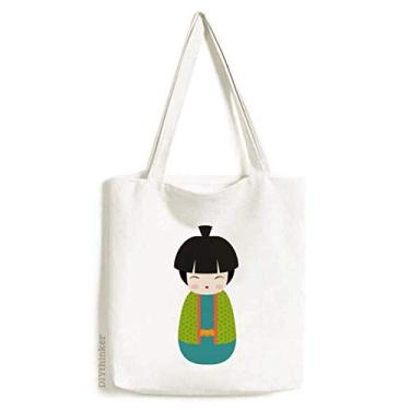 Imagem de Bolsa de lona verde quimono arte japonesa sacola de compras casual bolsa de mão