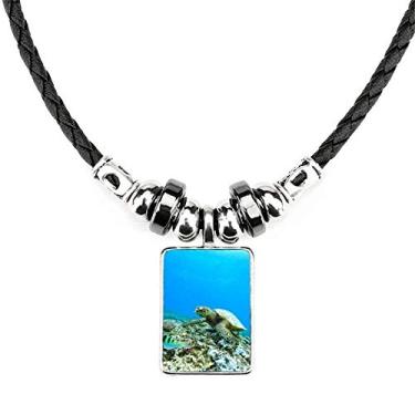 Imagem de DIYthinker Colar com imagem de natureza de peixe tartaruga marinha oceânica joia torque pingente de corda de couro
