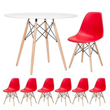 Imagem de Loft7, Kit - Mesa redonda Eames 100 cm branco + 6 cadeiras Eiffel Dsw Vermelho
