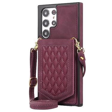 Imagem de Capa transversal para Samsung Galaxy S23 Ultra/S23 Plus/S23, capa de bolsa de couro com suporte para cartão, capa flip com alça de cordão espelho para mulheres, vermelha, S23 de 6,1 polegadas