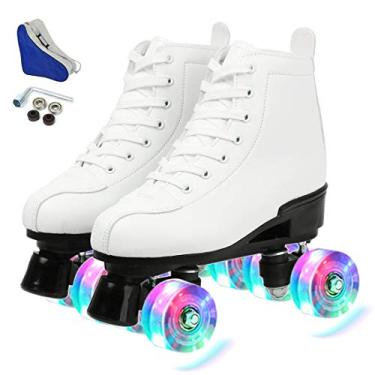 Imagem de Gets Patins femininos de couro PU de cano alto - Patins brilhantes de quatro rodas para meninas unissex (roda flash branca, EUA: 7)