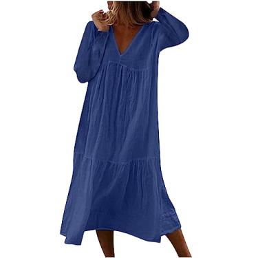 Imagem de Vestido feminino casual solto com decote em V e manga comprida vestido de praia vestido de amamentação para mulheres, Azul, G