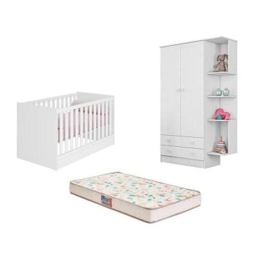 Imagem de Berço Mini Cama Americano Doce Sonho com Colchão Gazin e Guarda Roupa Infantil com Nicho Doce Branco - FdECOR