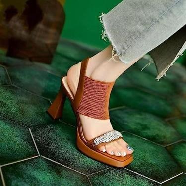 Imagem de Sandálias de salto fino de cristal plataforma aberta sapatos de festa feminino tecido elástico tira traseira sandálias de salto