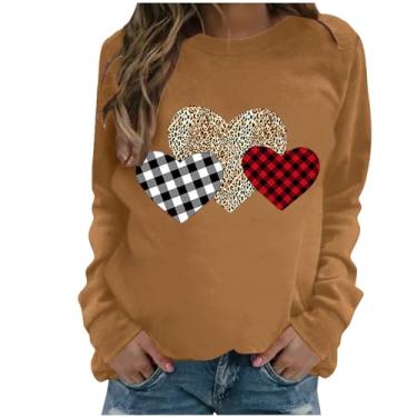 Imagem de SHOPESSA Camisas de Dia dos Namorados para Mulheres Love Heart Graphic T-Shirt Gola Redonda Jersey Roupas de Primavera para Mulheres 2024, Tops de coração cáqui, P