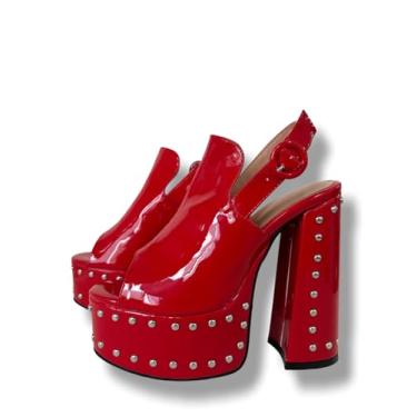 Imagem de Frankie Hsu Sandálias femininas de salto alto com plataforma grossa, rebites vermelhos patenteados, garota gostosa gótica, tamanho grande 34-50 sapatos para mulheres e homens, Vermelho, 10