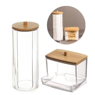 Imagem de Porta Algodão e Porta Cotonete Kit Organizador Higienico com Tampa de Bambu Acrilico para Banheiro Quarto de Bebe Pote para Armazenar