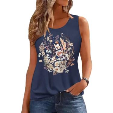 Imagem de Camiseta regata feminina de verão, sem mangas, estampa de flores vintage, boêmio, cottagecore flores silvestres, A - azul-marinho, GG