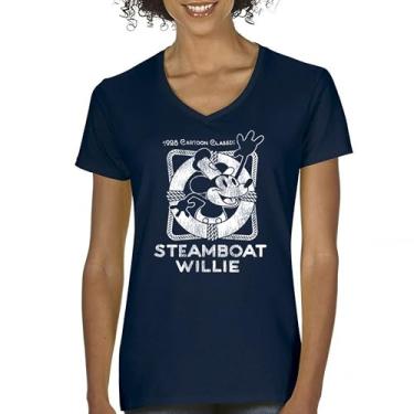 Imagem de Camiseta feminina Steamboat Willie Vintage Life Preserver gola V 1928 desenho clássico atemporal retrô icônico mouse praia camiseta, Azul marinho, GG