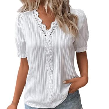 Imagem de Blusas femininas de malha de renda para malhar, de manga curta, sexy, verão, algodão, floral, túnica formal, Branco, 5G
