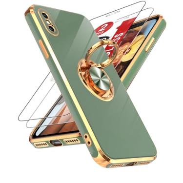 Imagem de LeYi Capa para iPhone X Capa para iPhone XS: com protetor de tela de vidro temperado [2 unidades] Suporte magnético giratório de 360°, capa para iPhone X/XS com borda de ouro rosa, L-verde