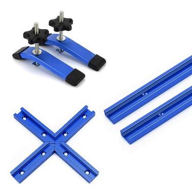 Imagem de Pacote com 2 trilhos em T de 61 cm com 2 grampos de fixação e interseção para marcenaria com parafusos, ferramentas para marcenaria de liga de alumínio, perfil de corte duplo, trilhos em T universais