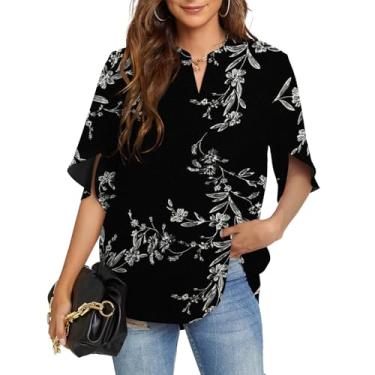 Imagem de Funlingo Tops femininos de verão camisas casuais de manga curta gola V chiffon blusa elegante tops, 06 - flor preta, XXG