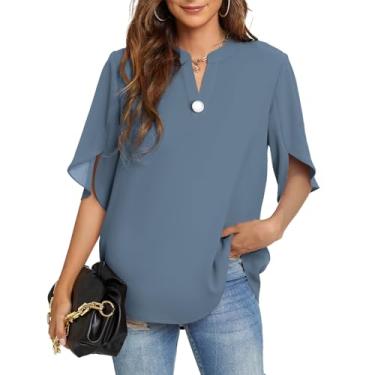 Imagem de Funlingo Tops femininos de verão camisas casuais de manga curta gola V chiffon blusa elegante tops, 03_azul, cinza, 3G