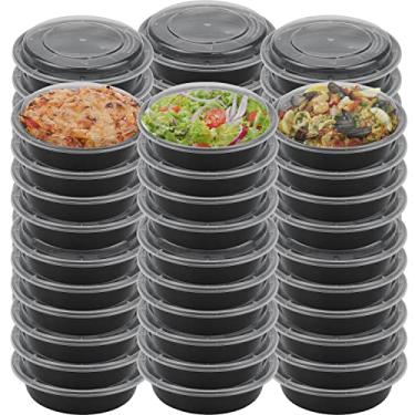 Imagem de Pacote com 60 recipientes de preparação de refeição para armazenamento de alimentos, recipientes de alimentos descartáveis pretos redondos de plástico, caixas de almoço com tampas, grau alimentício livre de BPA, congelador e seguro para micro-ondas