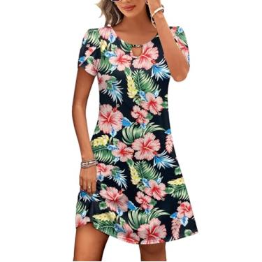 Imagem de HOTOUCH Vestido feminino casual evasê com bolsos verão praia floral vestido camiseta mini vestido de manga curta vestidos de verão soltos, Estampa preta e rosa, P