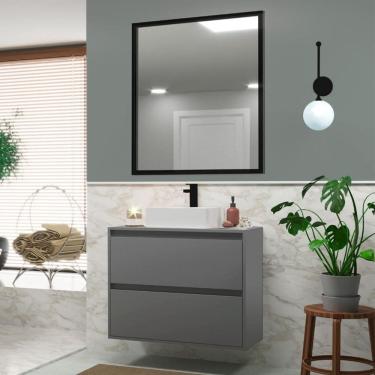 Imagem de Gabinete para Banheiro com Cuba e Espelheira 80cm Mdf Grafite e Alumínio Preto Dubai - On Móveis