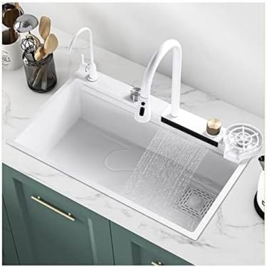 Imagem de Pia de cachoeira nano preta com lavadora de copo de vidro para estação de trabalho pia de cozinha casa de fazenda com torneira removível combo de aço inoxidável tigela única barra de utilidade para