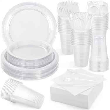 Imagem de Aodaer Conjunto de 400 peças de utensílios de jantar descartáveis transparentes para festas, inclui pratos de plástico, copos, facas, garfos, colheres, guardanapos de papel para aniversário,