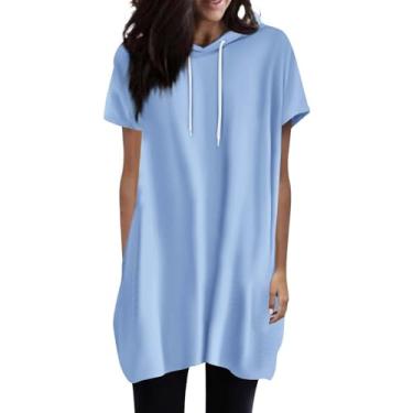 Imagem de 2024 Camisetas femininas de manga curta cor sólida com cordão básico verão casual blusas soltas túnicas com bolsos, Azul-celeste, M