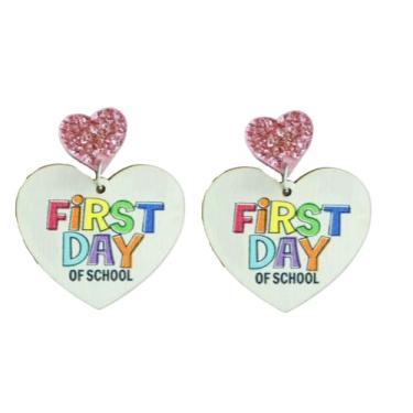 Imagem de Brincos engraçados para Dia do Professor, lápis escolar, ônibus escolar, coração de maçã, brincos pendentes de madeira brilhante Giltter para mulheres e meninas, joias de volta às aulas, presentes,