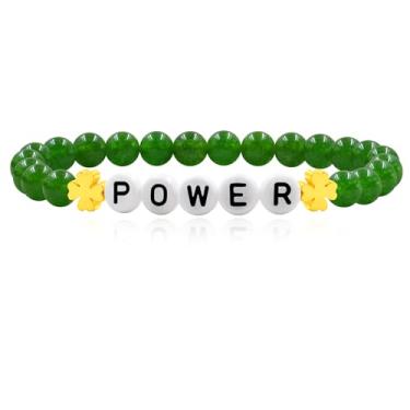 Imagem de JunyiDIY Elegante pulseira elástica de contas de jade de 6 mm com letras inspiradoras "POWER", pulseira elástica para homens e mulheres, joias unissex empoderadoras para pais, irmãos, aniversários,