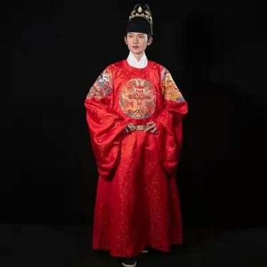 Imagem de Dynasty Vestido de casamento chinês chinês tradicional masculino feminino casal bordado dragão gola redonda roupão longo