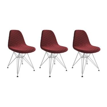 Imagem de Kit 3 Cadeiras Jantar Eames Eiffel Estofadas Vermelho Base Ferro Branc