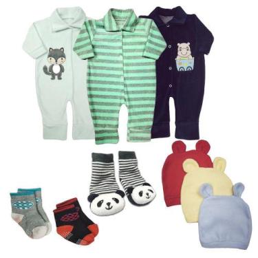 Imagem de Kit Roupa de Bebê 9 Peças Macacão Plush Bordado e Acessórios - Koala B