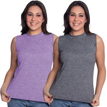 Imagem de Kit 2 Blusinha Regata Canelada Básica Gola Alta Casual Tendência Cores