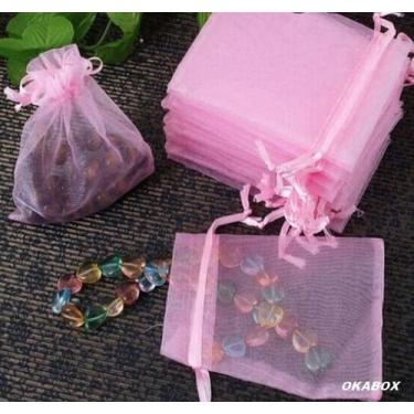 Imagem de 50 Saquinhos De Organza ROSA 9X12 Branco Fita Cetim - OKABOX