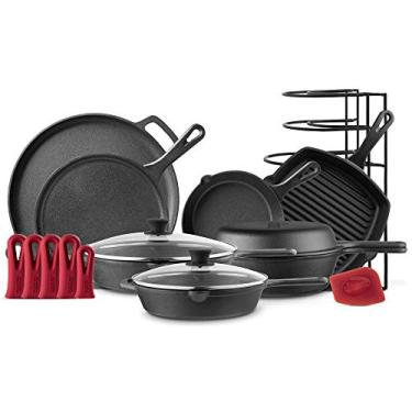 Imagem de Cuisinel Conjunto de panelas de ferro fundido – kit completo pré-temperado – frigideira de 20 cm e frigideiras de 25,4 cm + frigideiras de 30,5 cm com tampa de vidro + frigideira para churrasqueira +