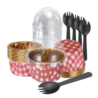 Imagem de HARFINGTON Forros de cupcake xadrez vermelho dourado com tampas de cúpula, 50 peças de folha de alumínio de 100 ml, embalagens pequenas para assar com colheres a granel para festa de aniversário