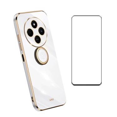 Imagem de CNPUTAO Compatível com Redmi 14C 4G / Redmi A4 5G / Poco C75 Capa fina macia com protetor de tela, amortecedor de TPU com suporte de anel de suporte, capa protetora, branca