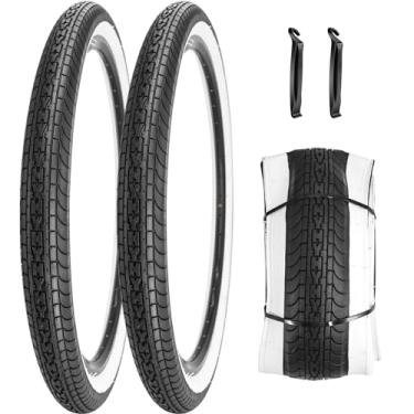 Imagem de SIMEIQI Pneu de bicicleta Beach Cruiser de 66 x 6,9 cm, preto, branco, parede ou marrom, creme para parede, dobrável, pneu de substituição para Hybrid City Commuter Trail (preto, branco, 2 pneus, 2