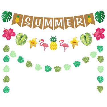 Imagem de Faixa de verão de 3 peças, faixa de folhas de palmeira bandeira colorida de guirlanda de verão para festa de aniversário havaiana verão praia festa de aniversário interior ao ar livre casa lareira
